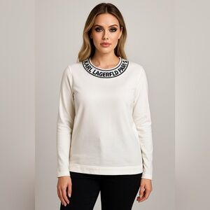 Karl Lagerfeld Women’s White Scoop Neck Knit Logo Sweater